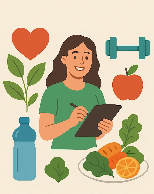 Ilustração de uma mulher anotando hábitos saudáveis, cercada de água, frutas, verduras e halteres