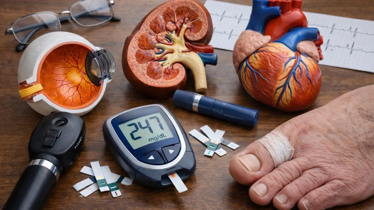 Modelos de olho, rim e coração ao lado de glicosímetro, caneta de insulina e um pé, representando os órgãos afetados pelo diabetes