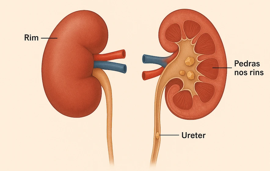 Ilustração comparando um rim saudável e um rim com pedras, com o ureter indicado