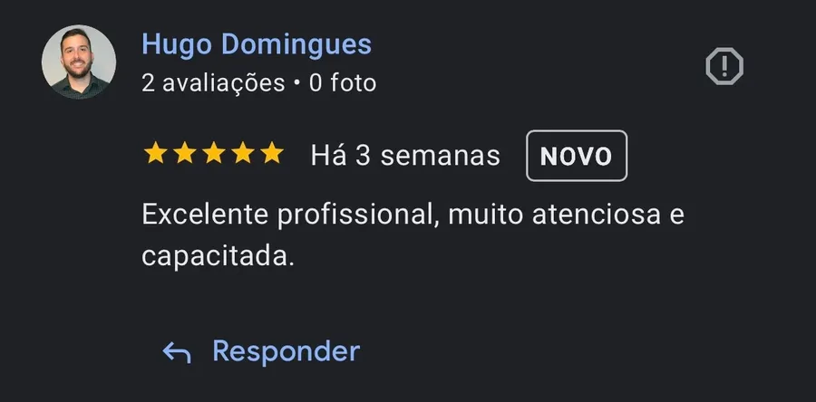 Avaliação no Google de Hugo Domingues: “Excelente profissional, muito atenciosa e capacitada.”