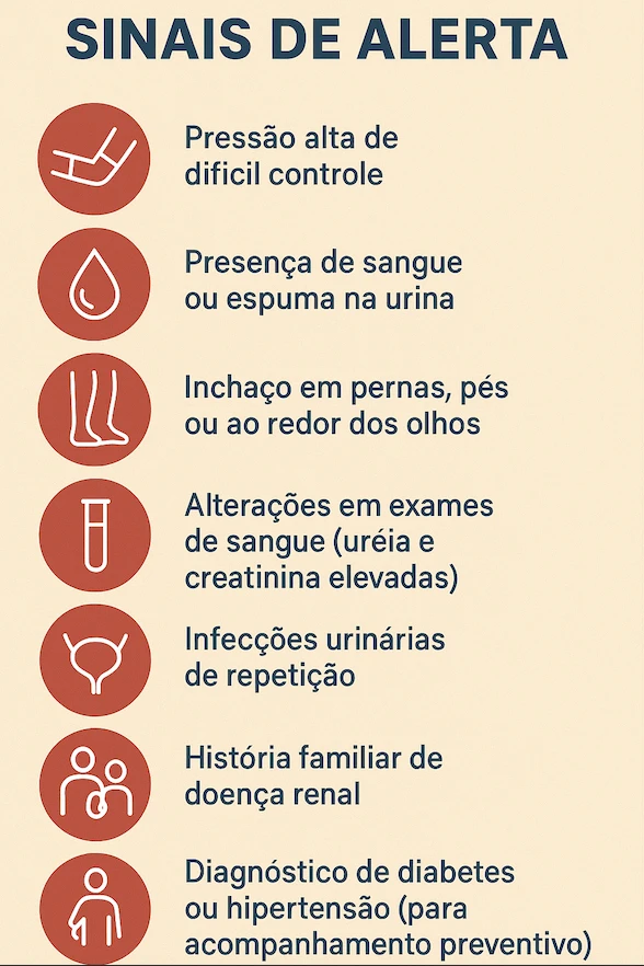 Sinais de alerta: pressão alta de difícil controle; presença de sangue ou espuma na urina; inchaço em pernas, pés ou ao redor dos olhos; alterações em exames de sangue (ureia e creatinina elevadas); infecções urinárias de repetição; história familiar de doença renal; diagnóstico de diabetes ou hipertensão
