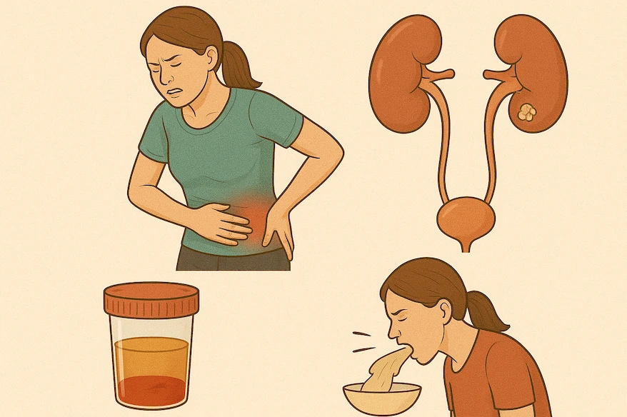 Infográfico dos sintomas da cólica renal: dor lombar, pedra no rim, urina com sangue e náuseas e vômitos